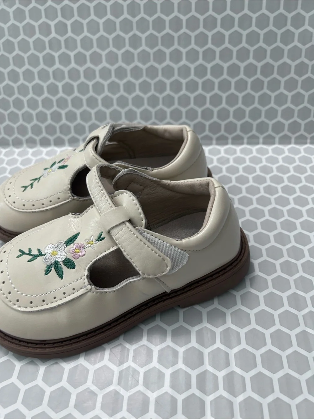 Girls Cream Oxford Shoes with Floral Embroidery & Velcro Straps